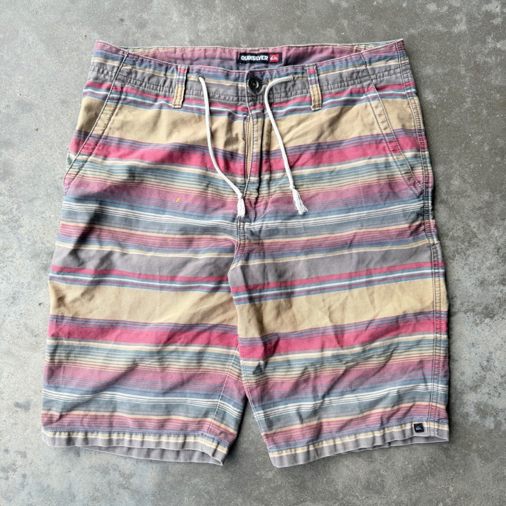Quiksilver Mens Striped Hybrid‎ surf Shorts Pink Tan Blue Drawstring Size 32